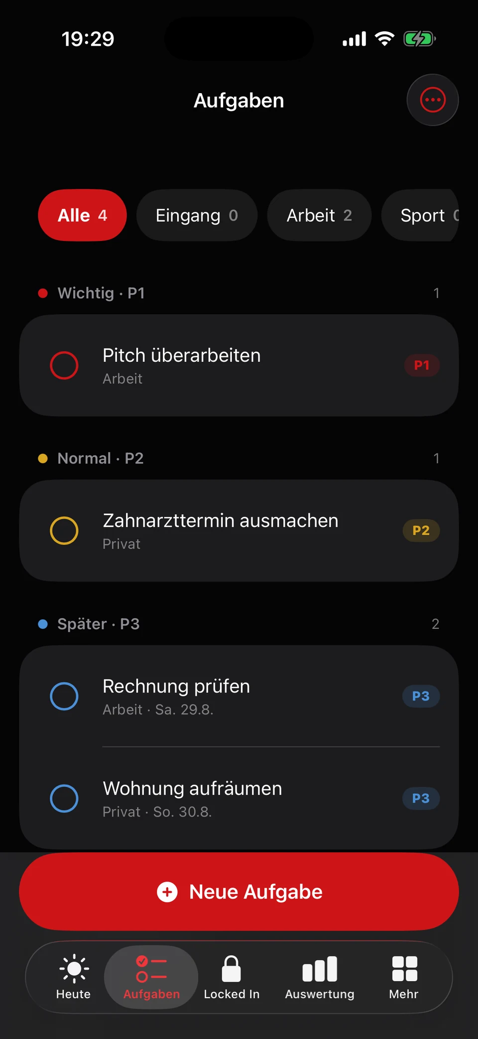 Tab Aufgaben: Filter, Prioritäten P1 bis P3 und Fälligkeiten.